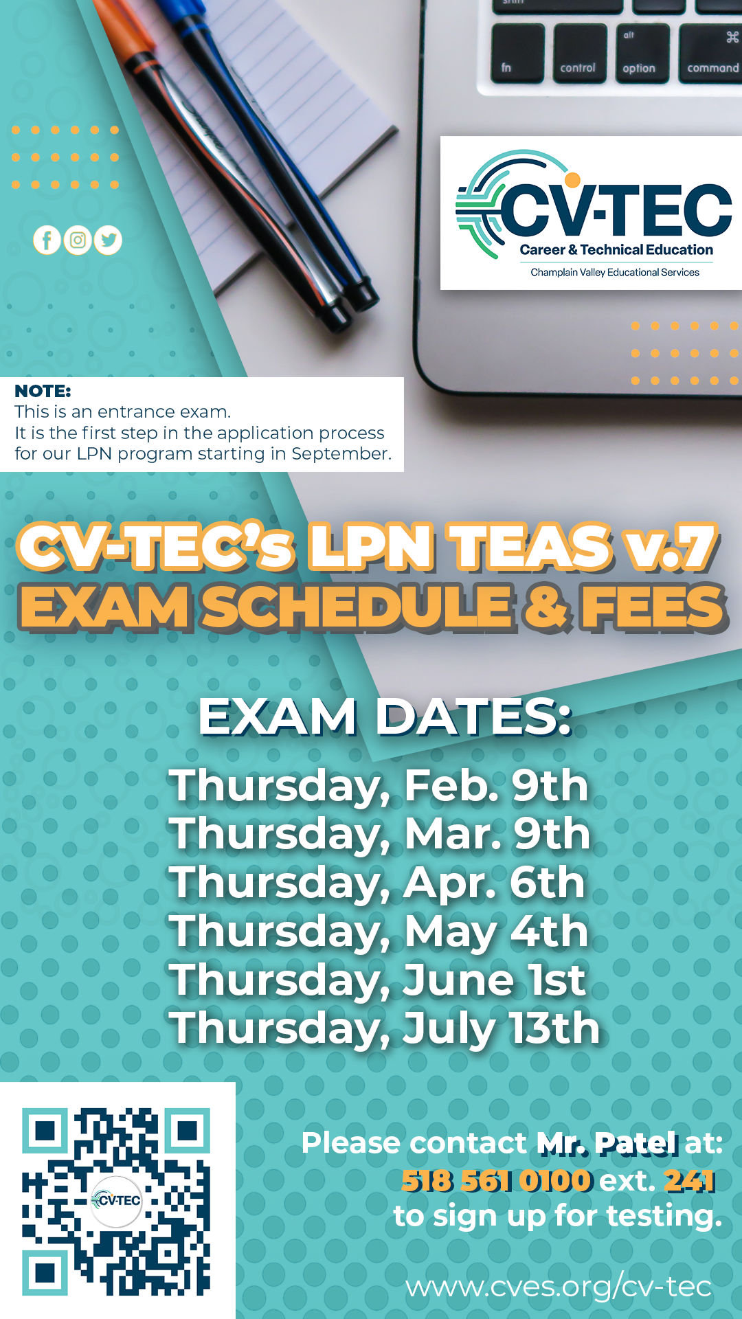 Image of Facebook graphic for the CV-TEC's LPN TEAS v.7 Exam Schedule & Fees